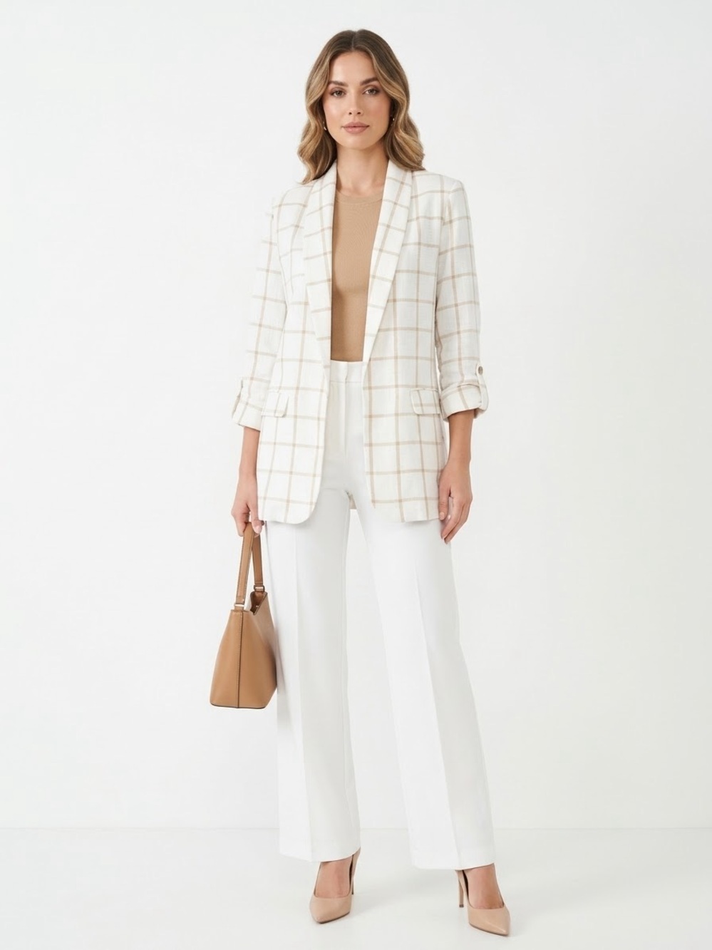 Stoosh by 26 Women’s XL Plaid Blazer Jacket Beige White Open Front Lightweigh